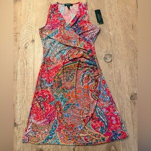 Lauren Ralph Lauren Paisley Ruched Surplice Dress Sleeveless Multicolor M Petite